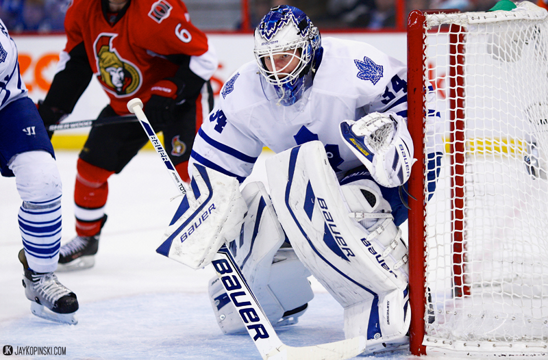 OTTAWA, CANADA - December 07:Toronto Maple Leafs Goalie James Reimer (34) [5863] during a  game between the Maple Leafs and Senators at the Canadian Tire Centre on December 07, 2013 in Ottawa, Ontario, Canada. ***** Editorial Use Only *****Jay Kopinski - Icon/SMI