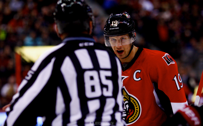 OTTAWA, CANADA - December 16: Ottawa Senators Center Jason Spezza (19) [2299] disagrees with the play on the ice during a game between the Blues and Senators at Canadian Tire Centre on December 16, 2013 in Ottawa, Ontario, Canada. ***** Editorial Use Only *****Jay Kopinski-Icon/SMI