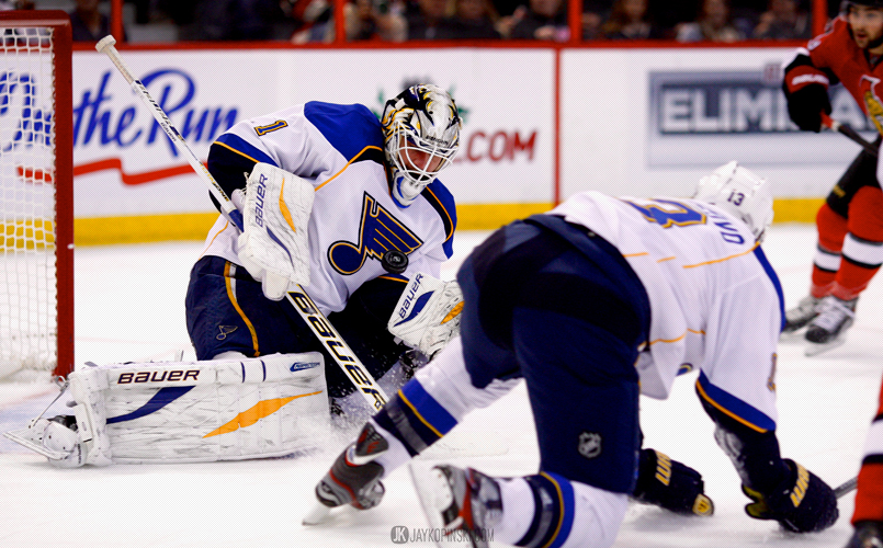 OTTAWA, CANADA - December 16:St. Louis Blues Goalie Brian Elliott (1) [3765] with a glove save during a game between the Blues and Senators at Canadian Tire Centre on December 16, 2013 in Ottawa, Ontario, Canada. ***** Editorial Use Only *****Jay Kopinski-Icon/SMI