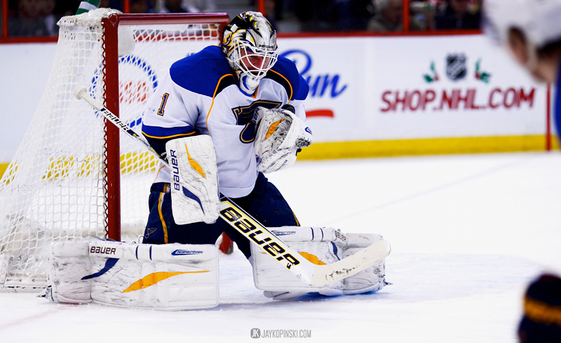 OTTAWA, CANADA - December 16: St. Louis Blues Goalie Brian Elliott (1) [3765] with a save during a game between the Blues and Senators at Canadian Tire Centre on December 16, 2013 in Ottawa, Ontario, Canada. ***** Editorial Use Only *****Jay Kopinski-Icon/SMI