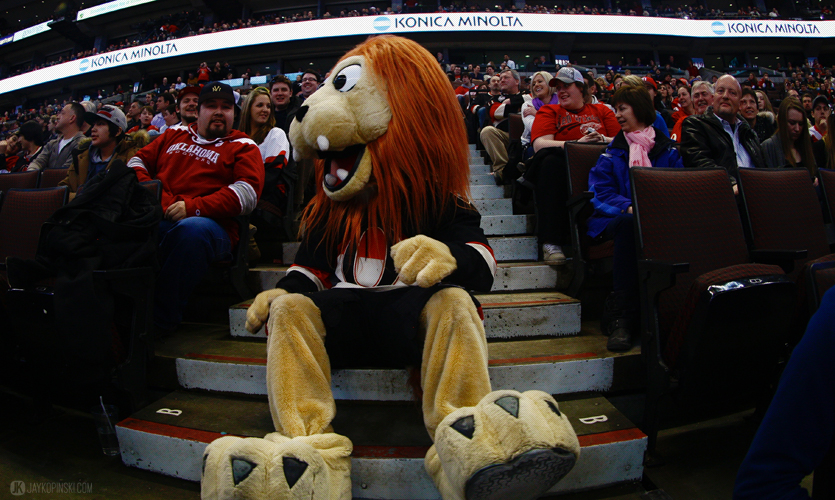 OTTAWA, CANADA - February 27: Spartacat takes a moment to sit with some fans during a game between the Red Wings and Senators at Canadian Tire Centre on February 27, 2014 in Ottawa, Ontario, Canada. ***** Editorial Use Only ***** Jay Kopinski - Icon/SMI