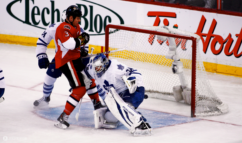 OTTAWA, CANADA - April 12:  The puck falls in off the back of Toronto Maple Leafs Goalie James Reimer (34) [5863] , the goal was disallowed as Ottawa Senators Defenceman Marc Methot (3) [3871] interfered with the goalie  during a game between the Maple Leafs and Senators at Canadian Tire Centre on April 12, 2014 in Ottawa, Ontario, Canada. ***** Editorial Use Only ***** Jay Kopinski - Icon/SMI