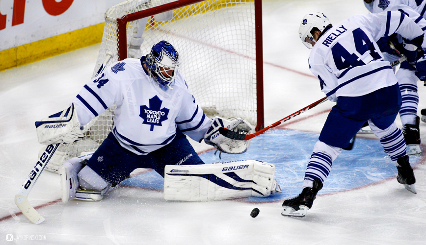 OTTAWA, CANADA - April 12:  Toronto Maple Leafs Goalie James Reimer (34) [5863] with a toe save  during a game between the Maple Leafs and Senators at Canadian Tire Centre on April 12, 2014 in Ottawa, Ontario, Canada. ***** Editorial Use Only ***** Jay Kopinski - Icon/SMI